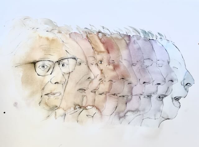 Henkäys. Vesiväriteos vanhenemisen vaikutuksesta ihmisen sivuprofiiliin.